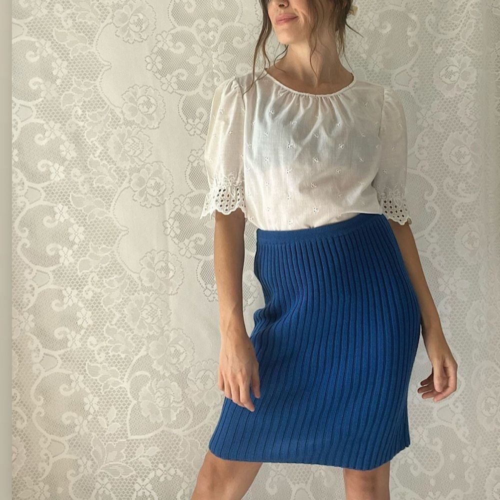 Vintage 80s Royal Blue Ribeed Knit Midi Skirt